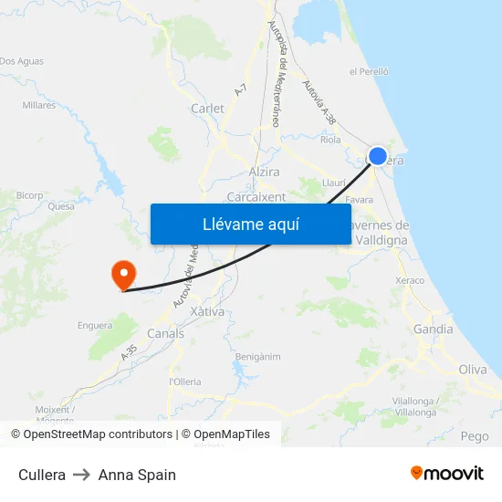 Cullera to Anna Spain map