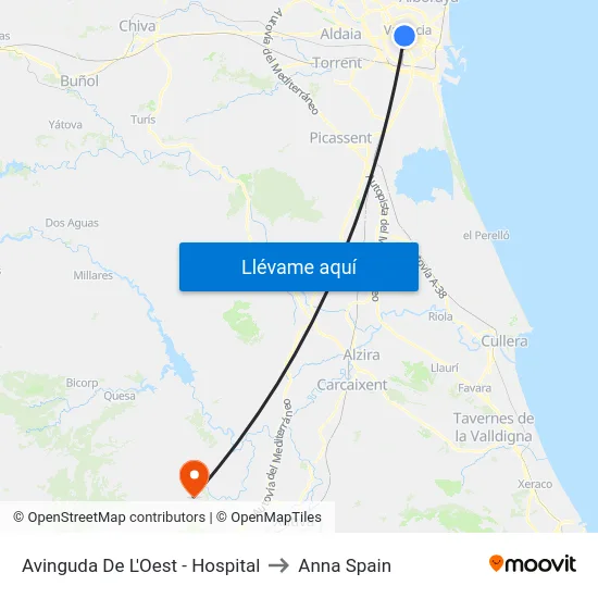 Avinguda De L'Oest - Hospital to Anna Spain map