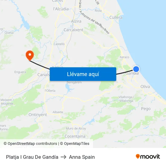 Platja I Grau De Gandía to Anna Spain map