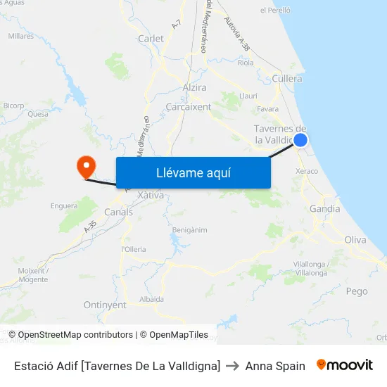 Estació Adif [Tavernes De La Valldigna] to Anna Spain map