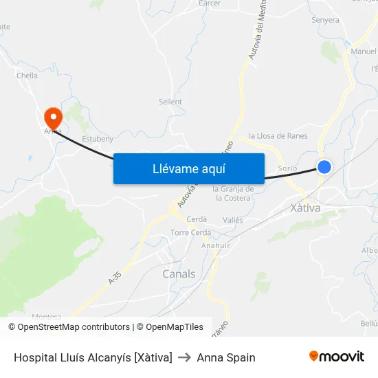 Hospital Lluís Alcanyís [Xàtiva] to Anna Spain map