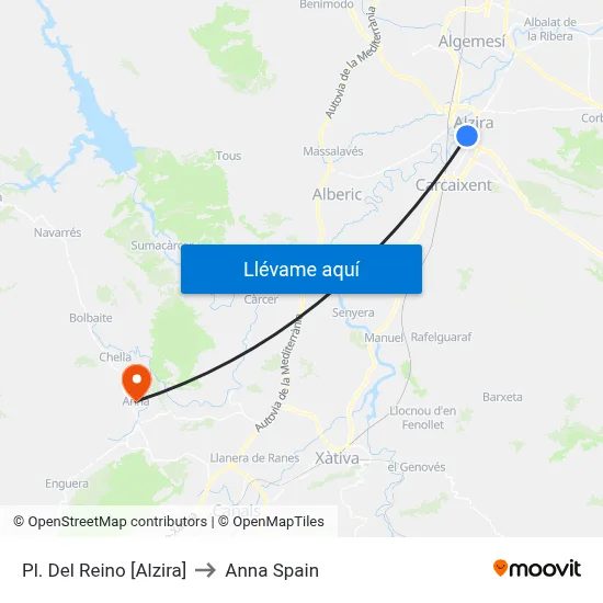 Pl. Del Reino [Alzira] to Anna Spain map