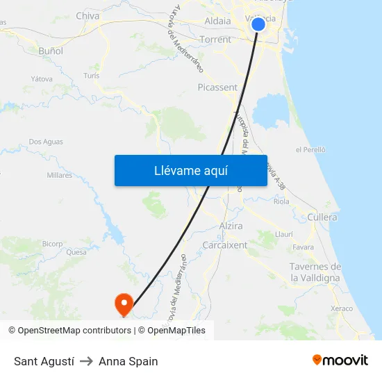 Sant Agustí to Anna Spain map