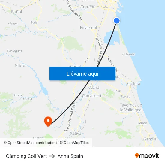Càmping Coll Vert to Anna Spain map