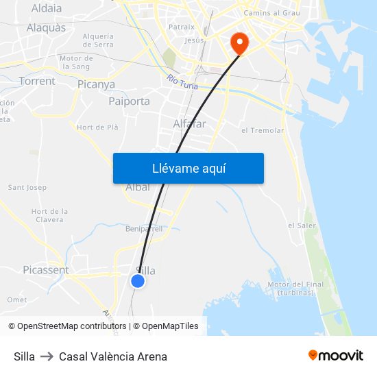Silla to Casal València Arena map