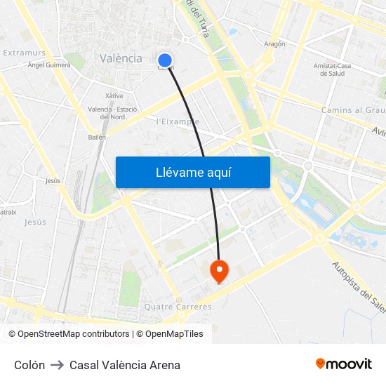 Colón to Casal València Arena map