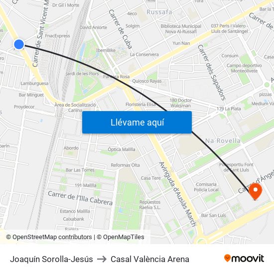 Joaquín Sorolla-Jesús to Casal València Arena map