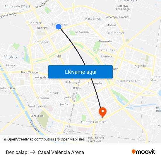 Benicalap to Casal València Arena map