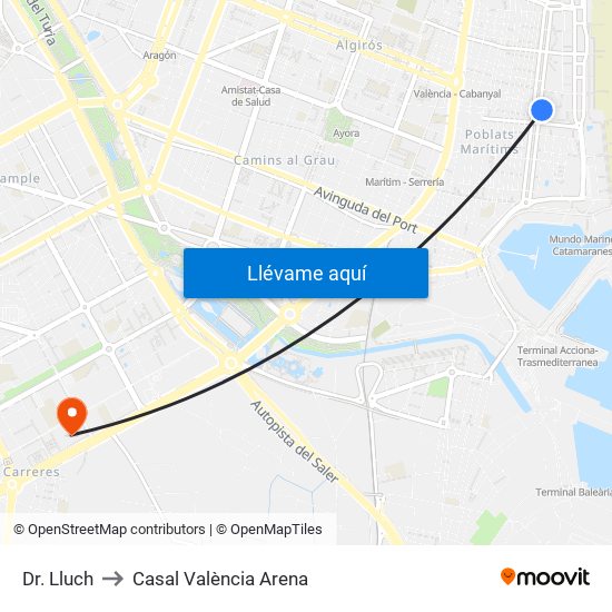 Dr. Lluch to Casal València Arena map
