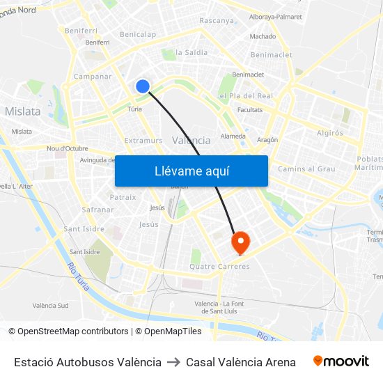 Estació Autobusos València to Casal València Arena map