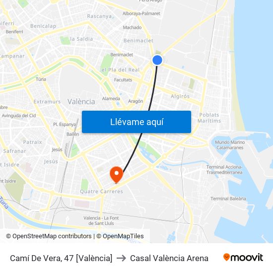 Camí De Vera, 47 [València] to Casal València Arena map