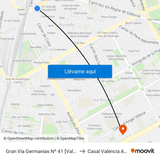 Gran Vía Germanias Nº 41 [València] to Casal València Arena map