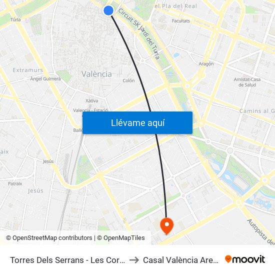 Les Corts to Casal València Arena map