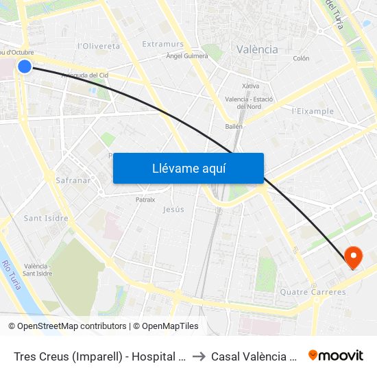 Hospital General to Casal València Arena map