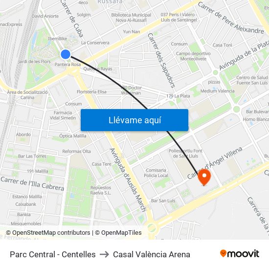 Parc Central to Casal València Arena map