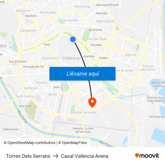 Torres Dels Serrans to Casal València Arena map