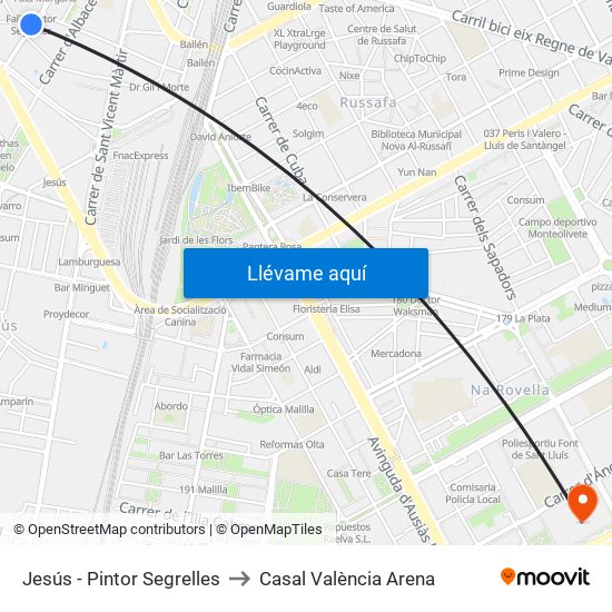 Jesús - Pintor Segrelles to Casal València Arena map