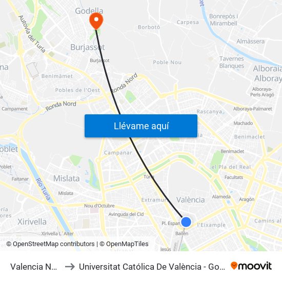 Valencia Nord to Universitat Católica De València - Godella map