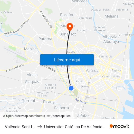 València-Sant Isidre to Universitat Católica De València - Godella map