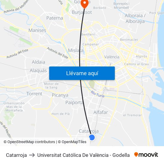 Catarroja to Universitat Católica De València - Godella map