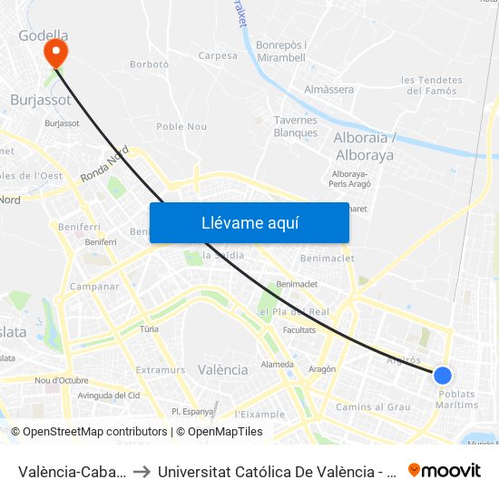 València-Cabanyal to Universitat Católica De València - Godella map