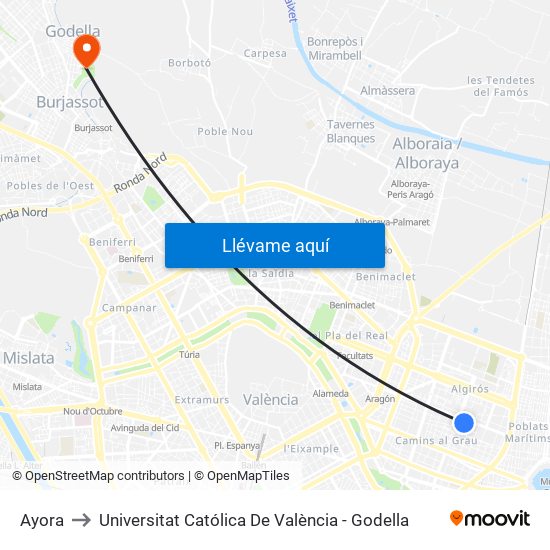 Ayora to Universitat Católica De València - Godella map