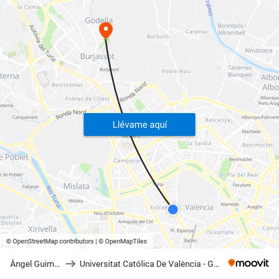 Àngel Guimerà to Universitat Católica De València - Godella map