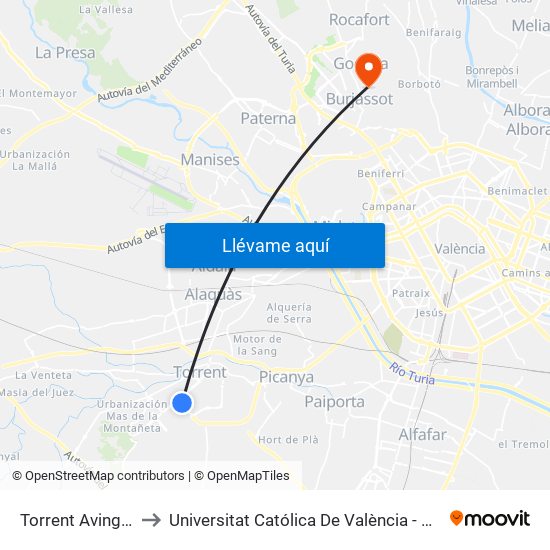 Torrent Avinguda to Universitat Católica De València - Godella map