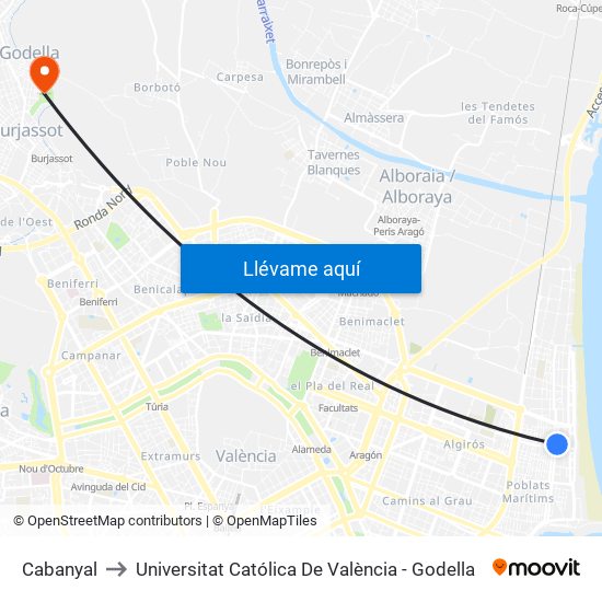 Cabanyal to Universitat Católica De València - Godella map