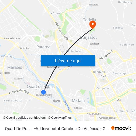 Quart De Poblet to Universitat Católica De València - Godella map