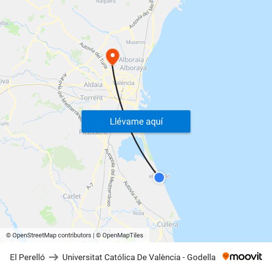El Perelló to Universitat Católica De València - Godella map