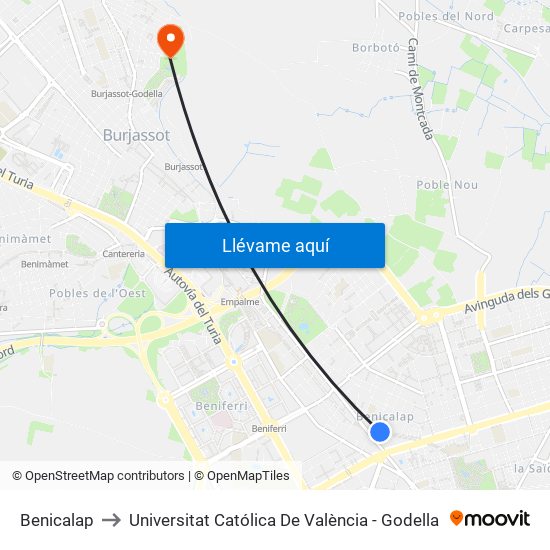 Benicalap to Universitat Católica De València - Godella map