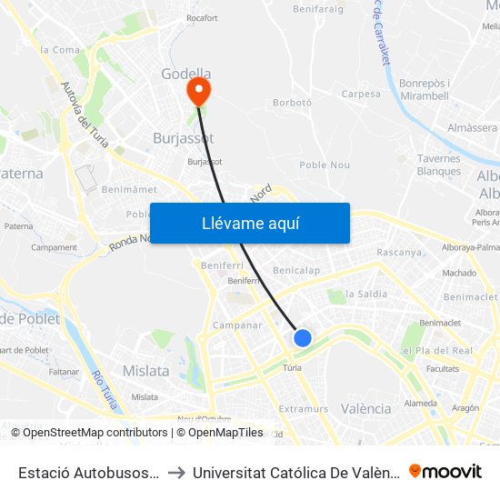 Estació Autobusos València to Universitat Católica De València - Godella map