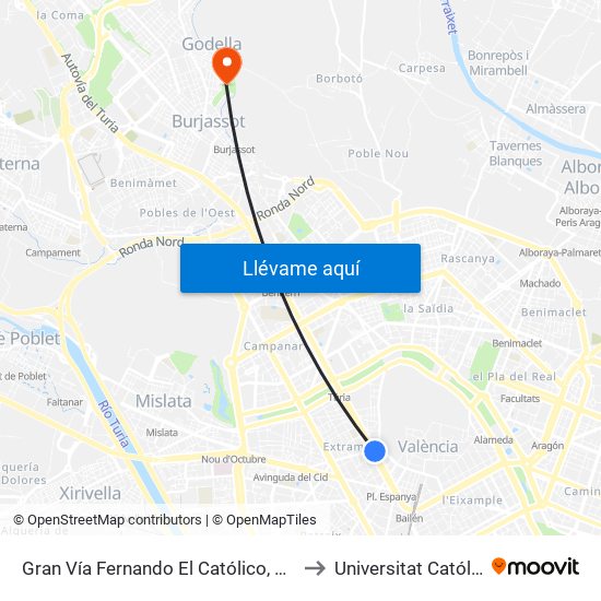 Gran Vía Fernando El Católico, 10 – Estació Metro Ángel Guimerá [València] to Universitat Católica De València - Godella map