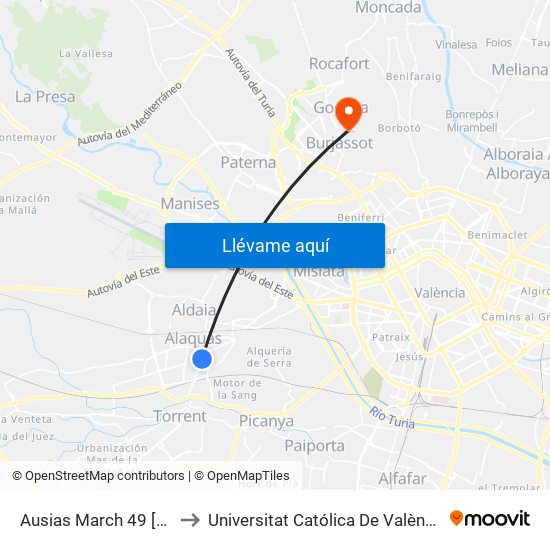 Ausias March 49 [Alaquàs] to Universitat Católica De València - Godella map