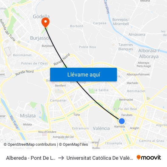 Albereda to Universitat Católica De València - Godella map
