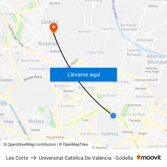 Les Corts to Universitat Católica De València - Godella map