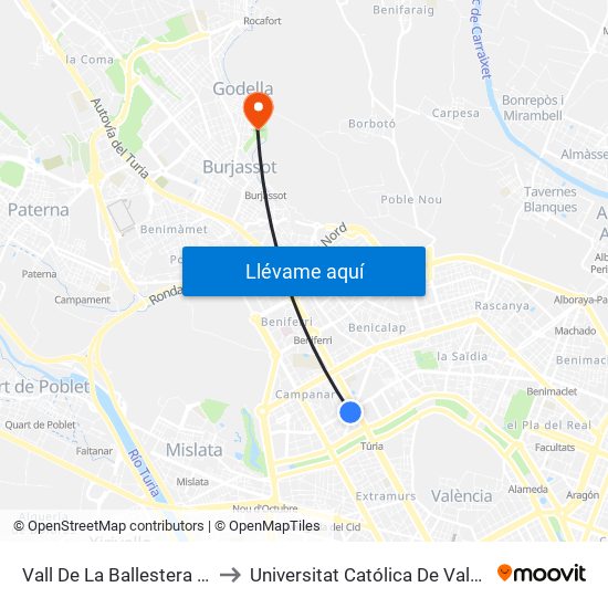 Vall De La Ballestera - Campanar to Universitat Católica De València - Godella map