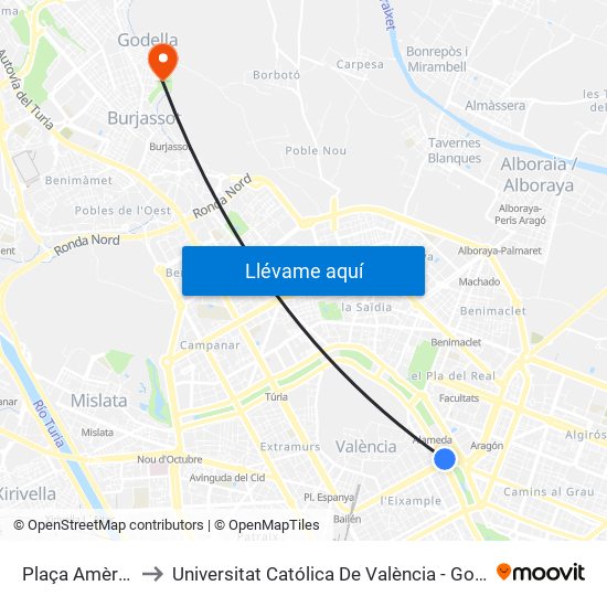 Plaça Amèrica to Universitat Católica De València - Godella map