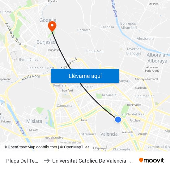 Plaça Del Temple to Universitat Católica De València - Godella map