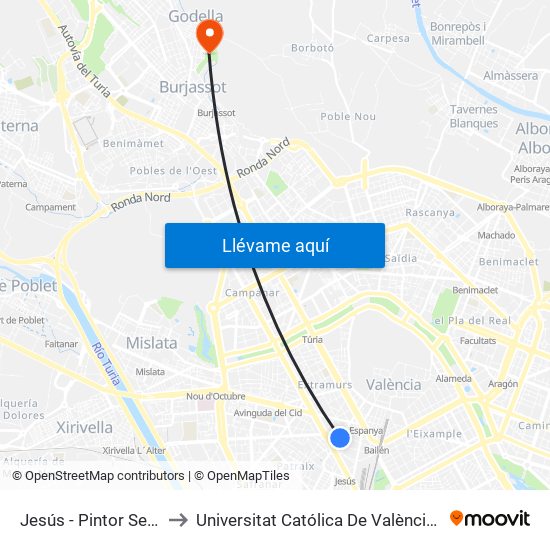 Jesús - Pintor Segrelles to Universitat Católica De València - Godella map