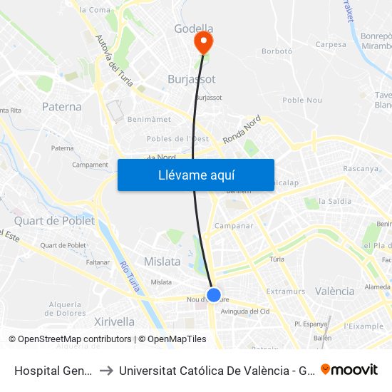 Hospital General to Universitat Católica De València - Godella map