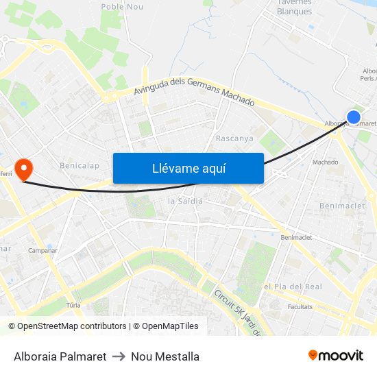 Alboraia Palmaret to Nou Mestalla map