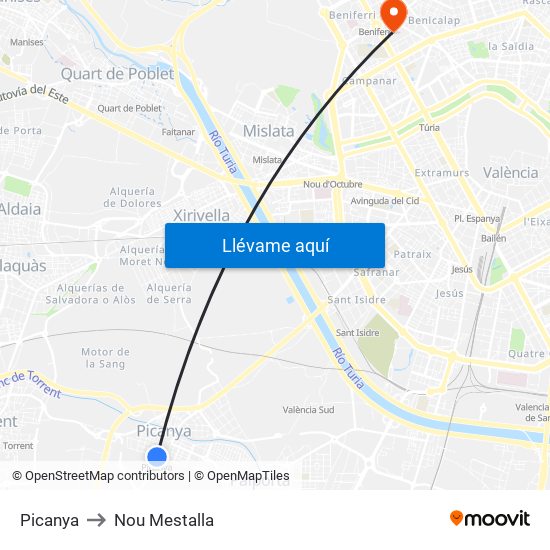 Picanya to Nou Mestalla map