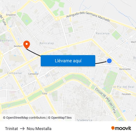 Trinitat to Nou Mestalla map