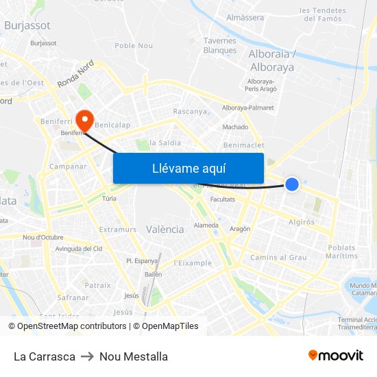 La Carrasca to Nou Mestalla map