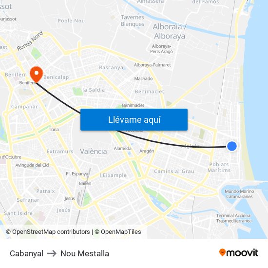 Cabanyal to Nou Mestalla map