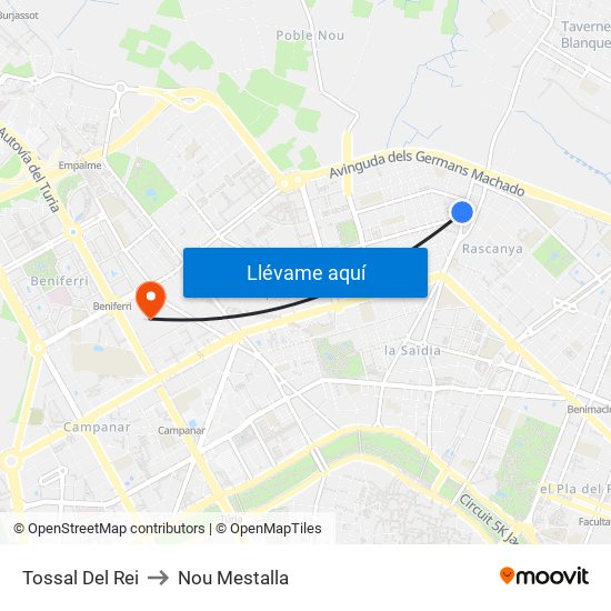 Tossal Del Rei to Nou Mestalla map