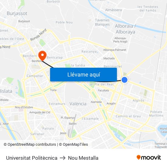 Universitat Politècnica to Nou Mestalla map