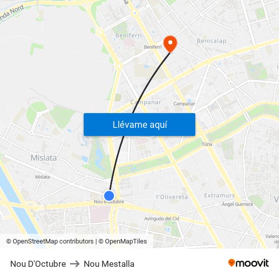 Nou D'Octubre to Nou Mestalla map